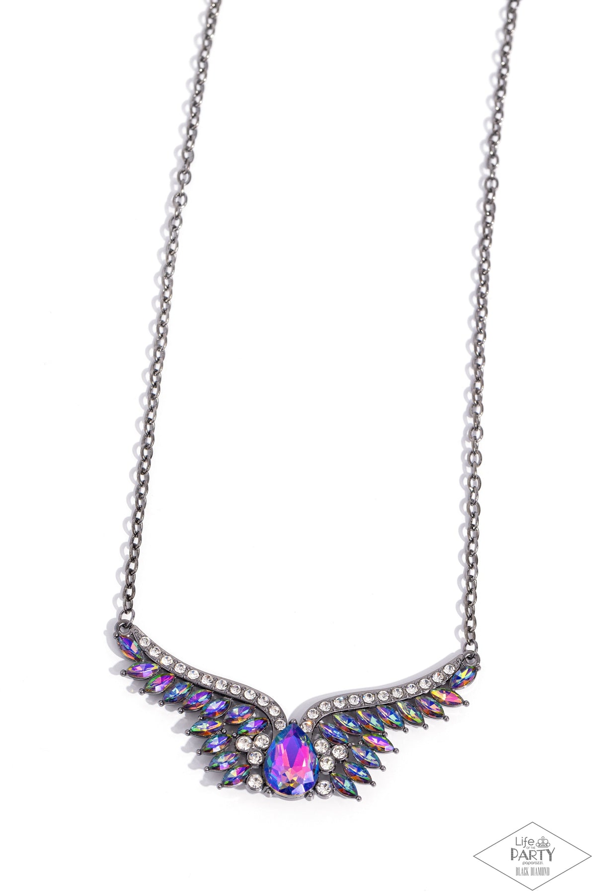 Smoldering Shimmer - Multi UV Oil Spill Angel Wings Gunmetal Short Necklace - Bring Back