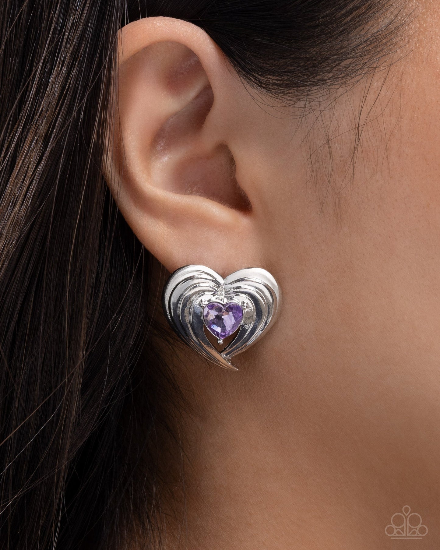 Daring Damsel - Purple Heart Gem Silver Post Earrings