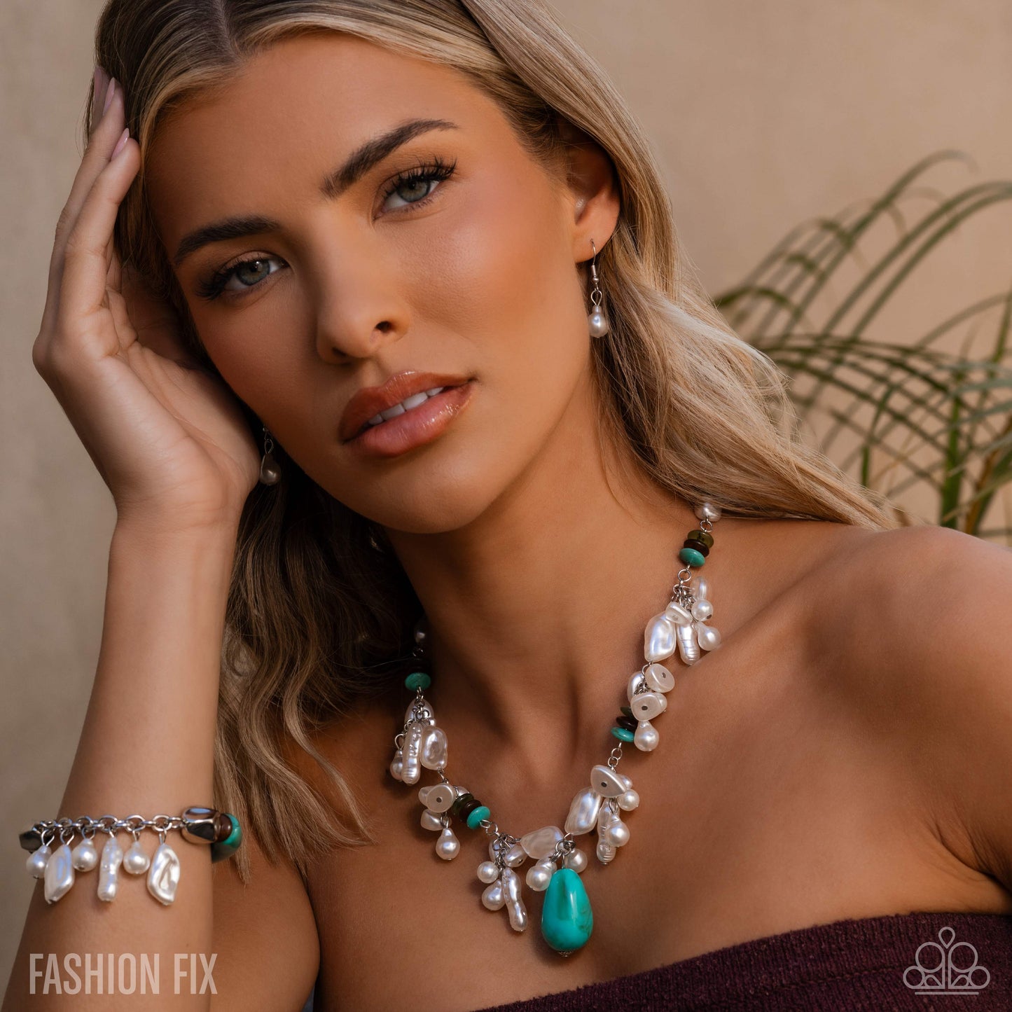 Beachy Bravado - Multi Turquoise Brown White Pearl Short Necklace