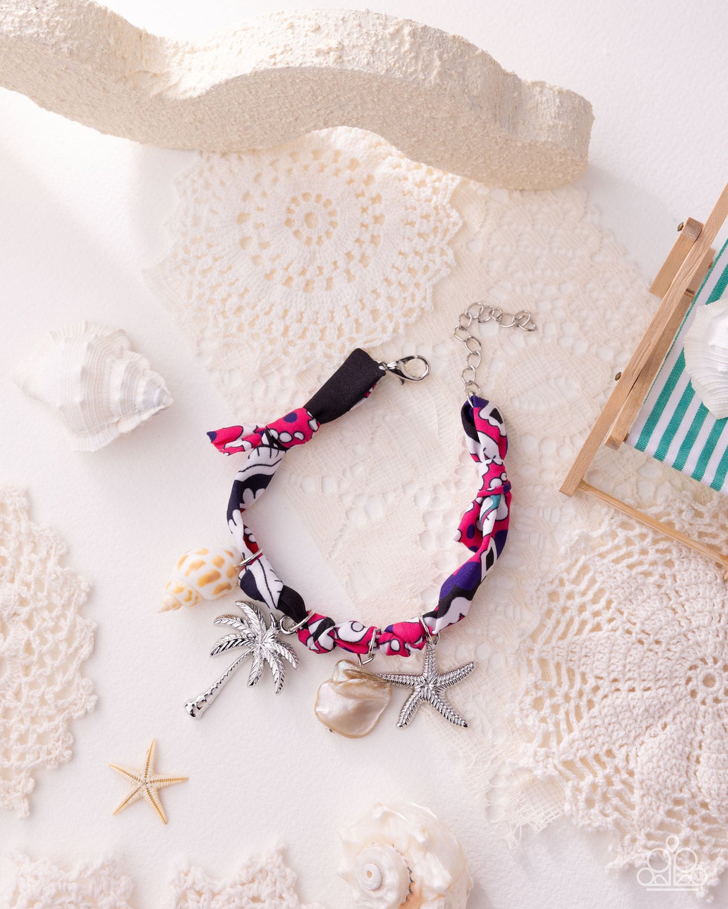 Resort Redux - Pink and Black Fabric Beachy Charm Bracelet
