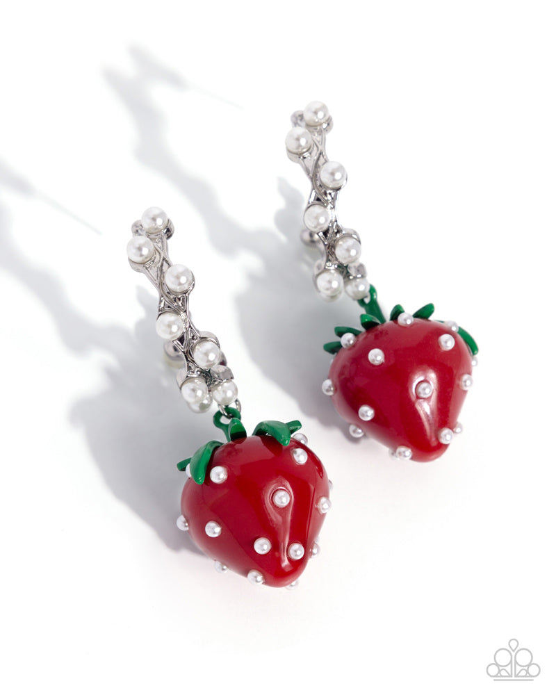 Strawberry Picnic - Red and Green White Pearl Silver Post Earrings