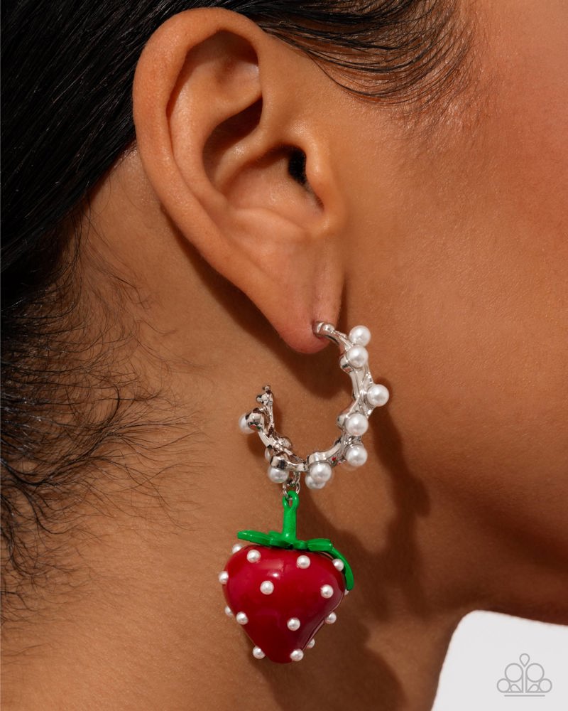 Strawberry Picnic - Red and Green White Pearl Silver Post Earrings