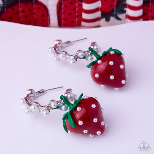 Strawberry Picnic - Red and Green White Pearl Silver Post Earrings