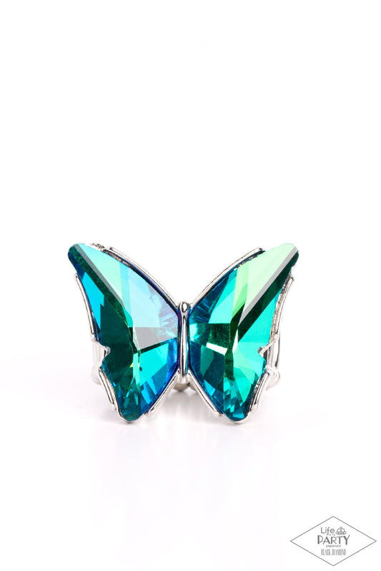 Fluorescent Flutter - Green UV Shimmer Iridescent Gem Butterfly Ring