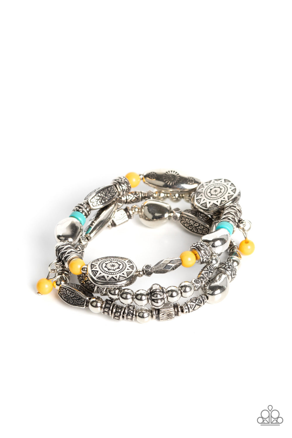 Western Quest - Yellow and Turquoise Stone Silver Stretchy Bracelet - Summer Party Pack 2022 Exclusive