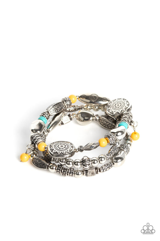 Western Quest - Yellow and Turquoise Stone Silver Stretchy Bracelet - Summer Party Pack 2022 Exclusive