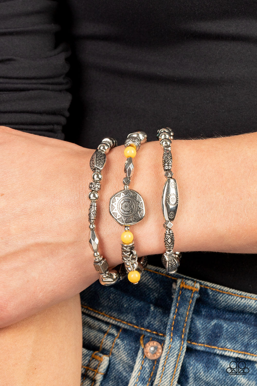 Western Quest - Yellow and Turquoise Stone Silver Stretchy Bracelet - Summer Party Pack 2022 Exclusive