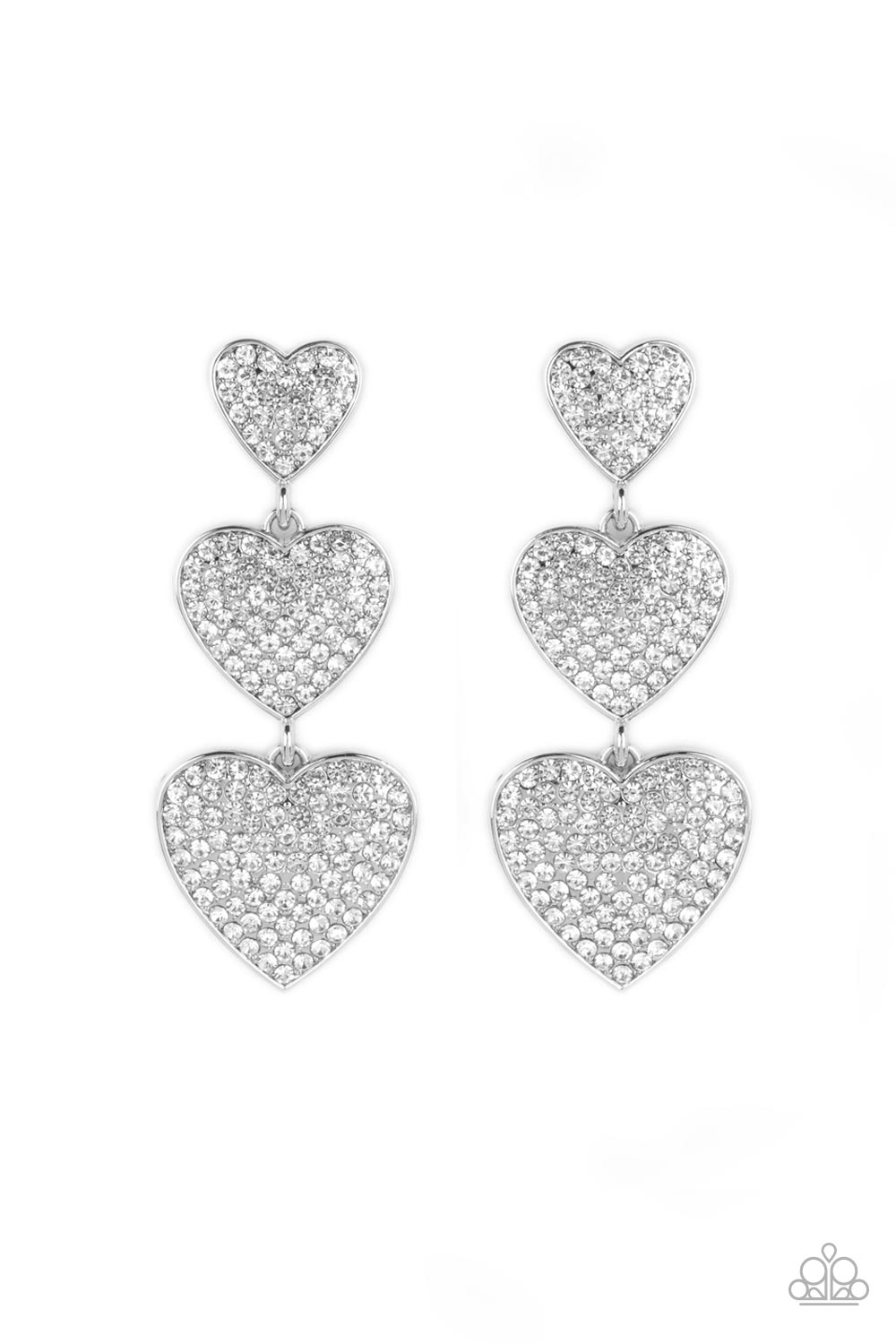 Couples Retreat - White Rhinestone Silver Triple Heart Post Earrings