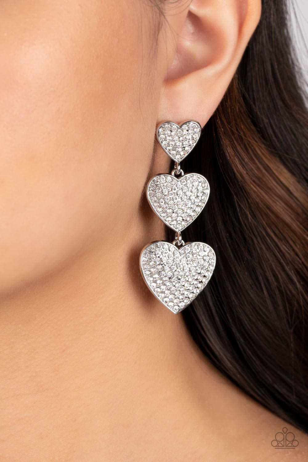 Couples Retreat - White Rhinestone Silver Triple Heart Post Earrings