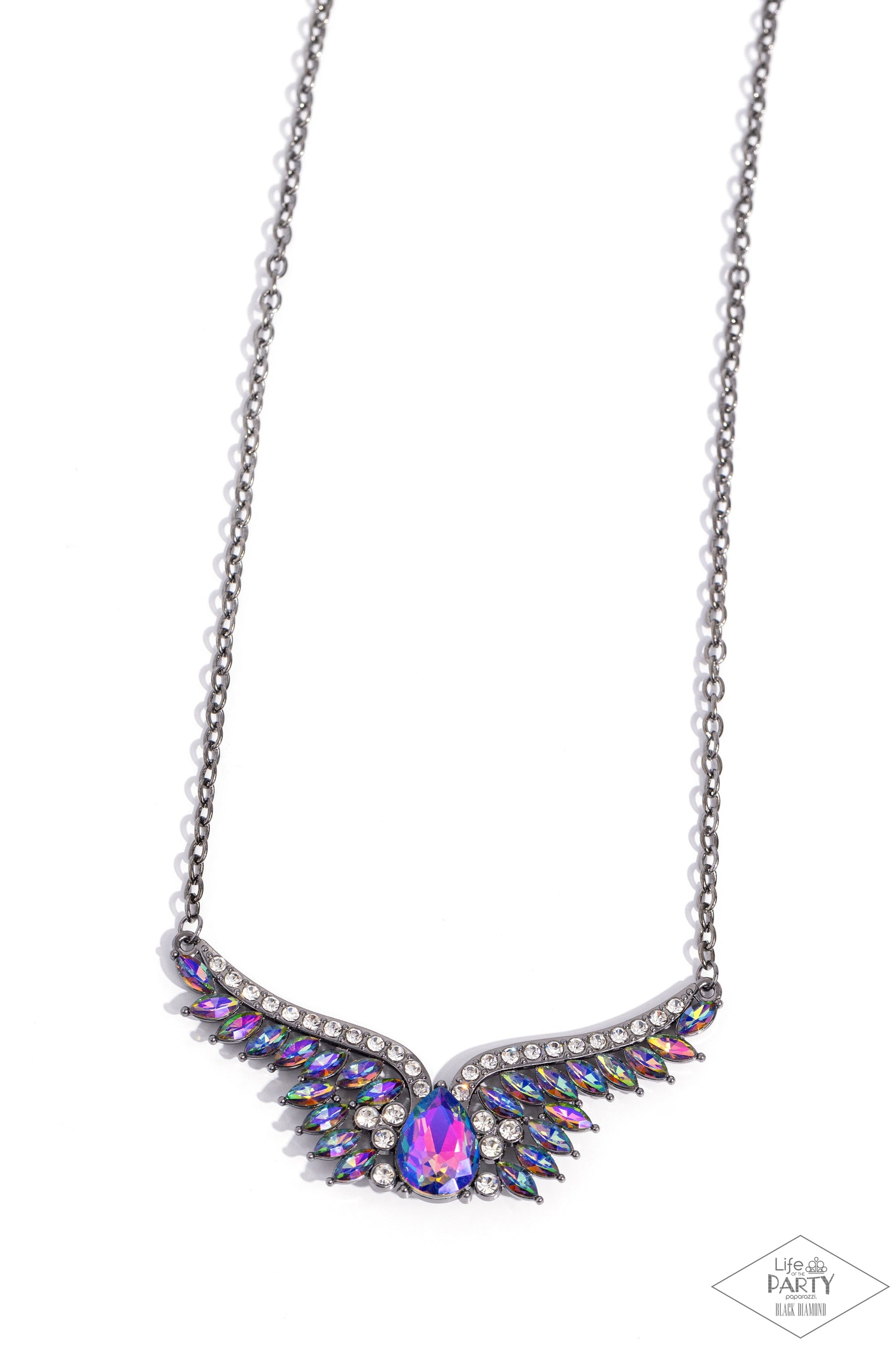 Smoldering Shimmer - Multi UV Oil Spill Angel Wings Gunmetal Short Necklace - Bring Back