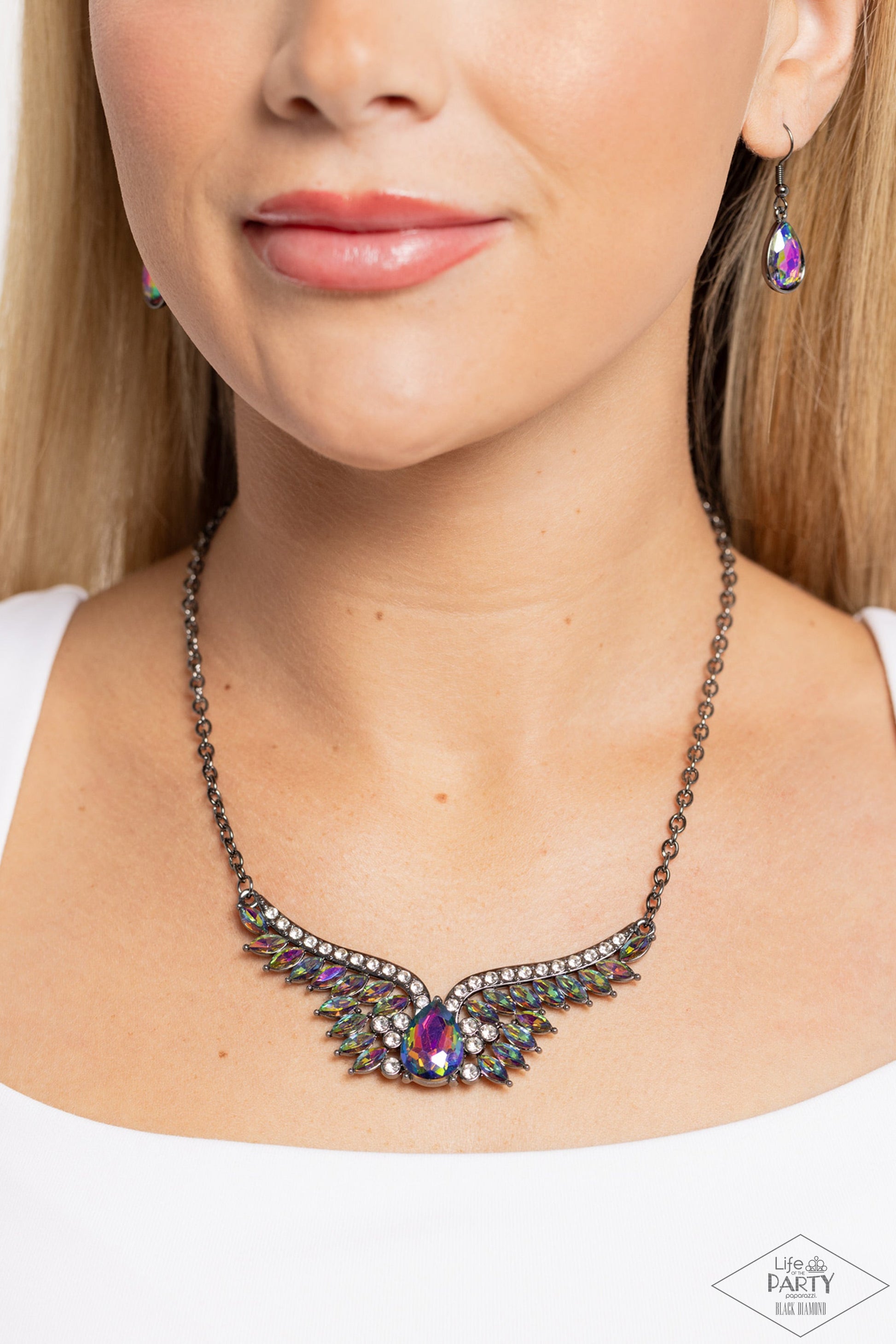 Smoldering Shimmer - Multi UV Oil Spill Angel Wings Gunmetal Short Necklace - Bring Back
