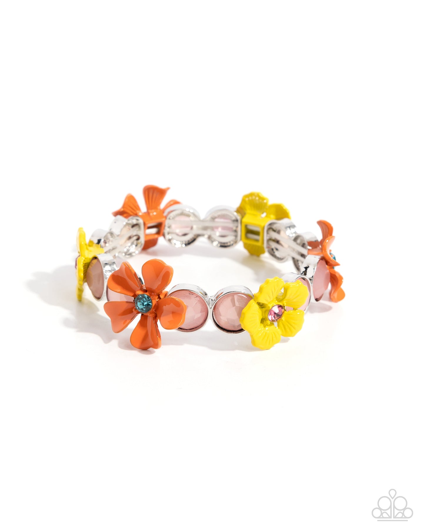Garden Grove - Orange and Yellow Flower Pink Gem Silver Stretchy Bracelet