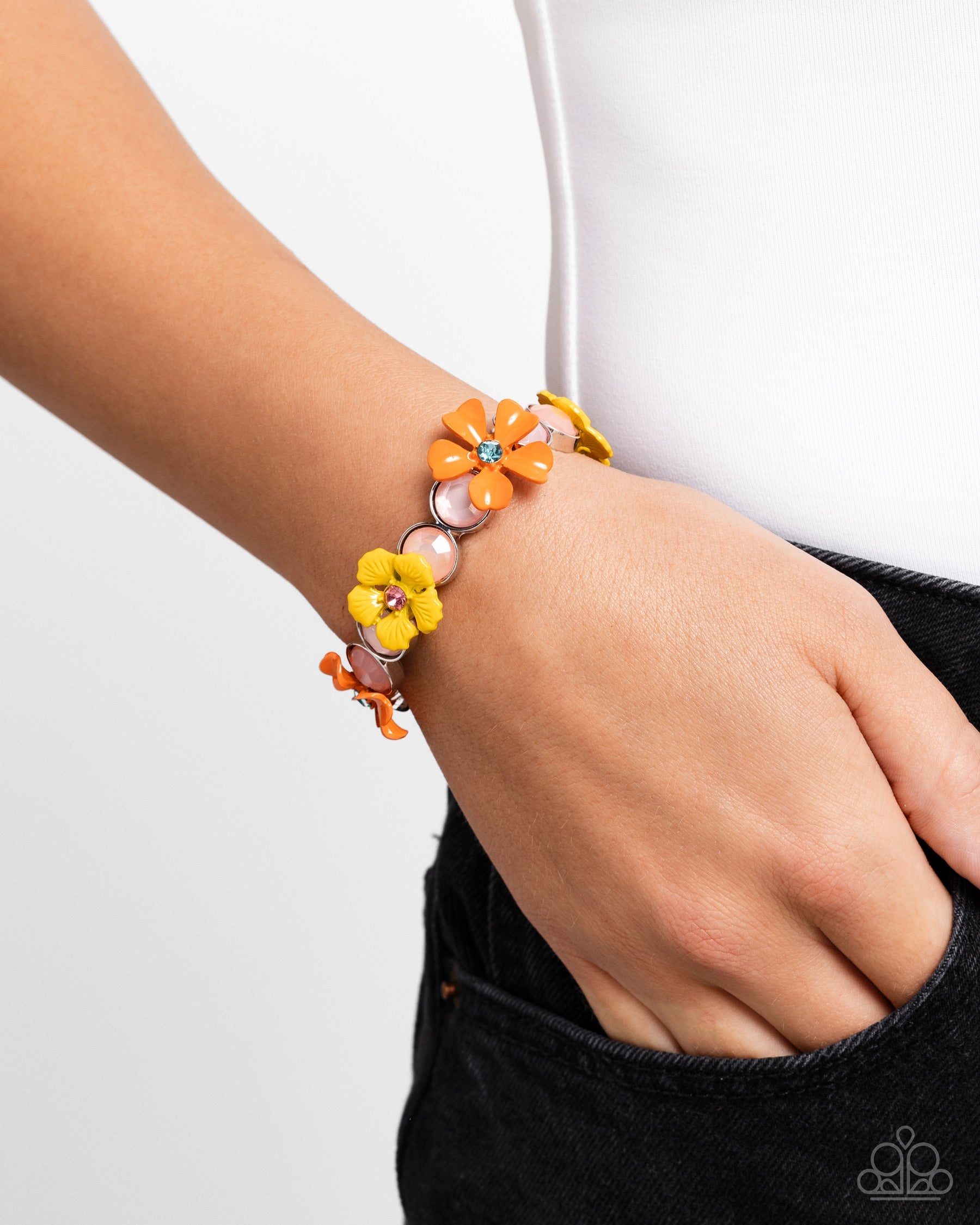 Garden Grove - Orange and Yellow Flower Pink Gem Silver Stretchy Bracelet