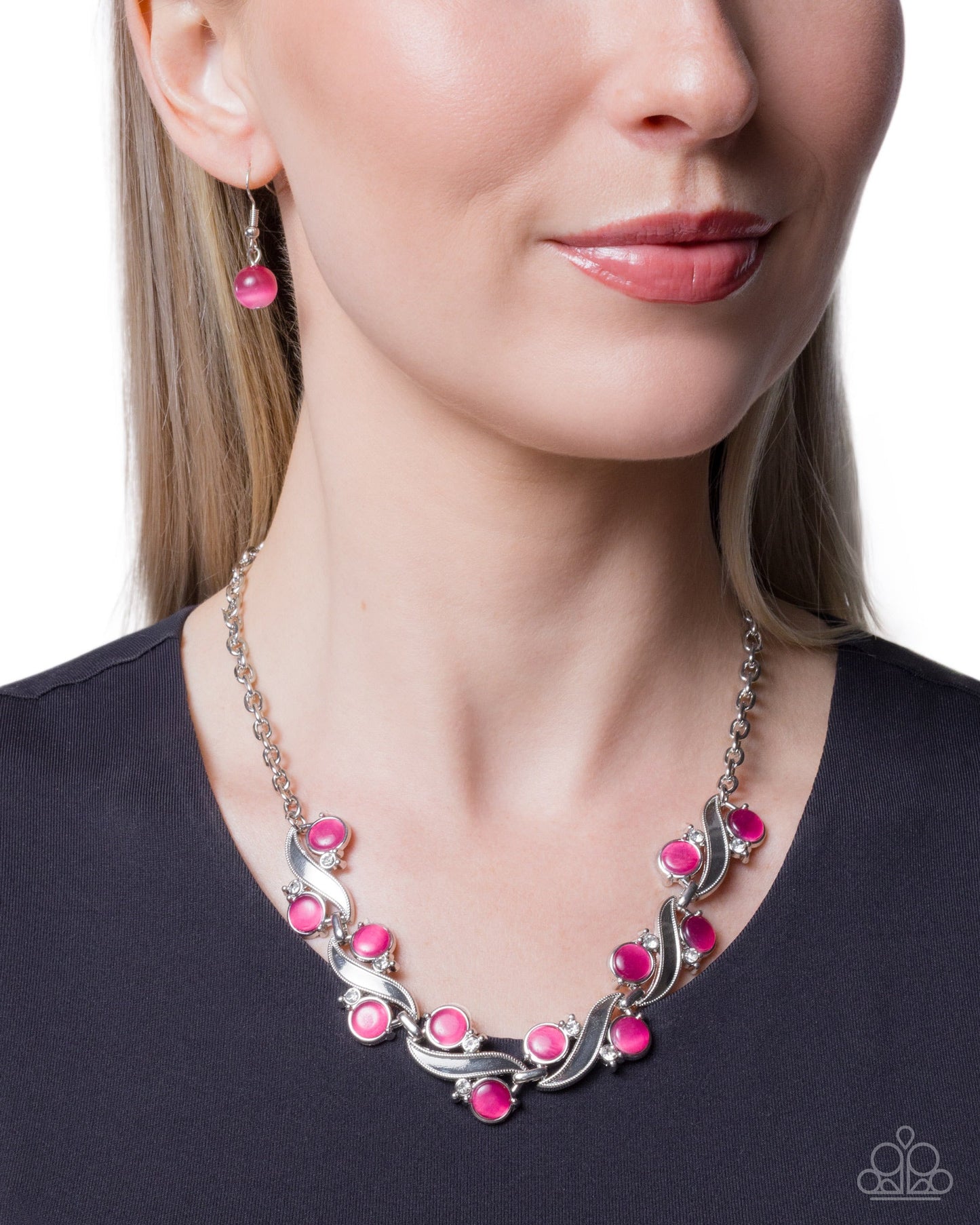 Balanced Bliss - Pink Cat's Eye Silver Short Necklace
