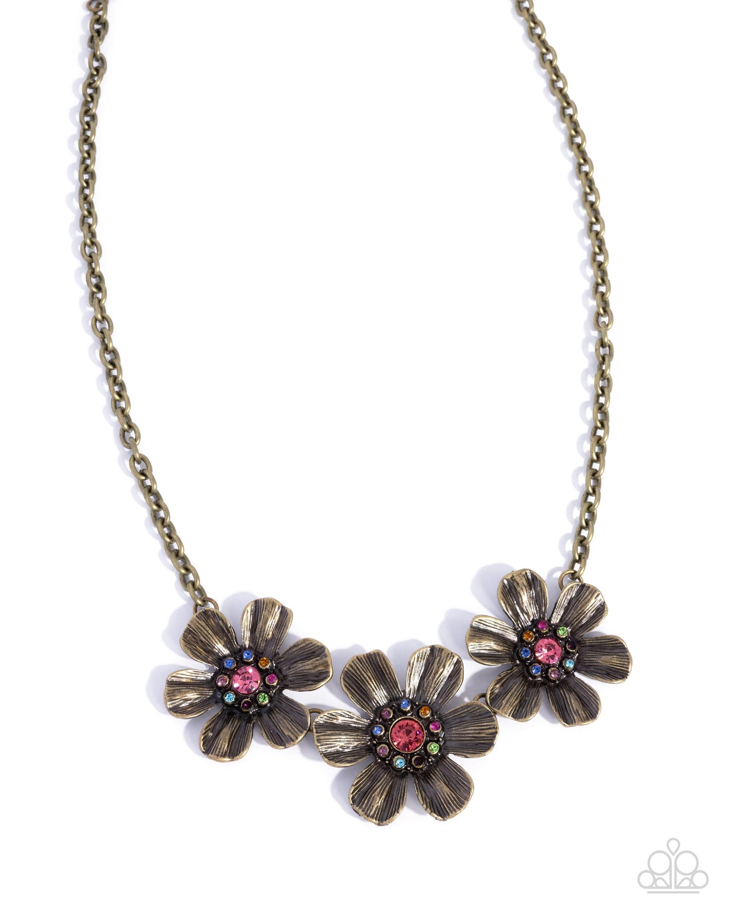 Freeing Florals - Brass Flower Multi Color Rhinestone Short Necklace