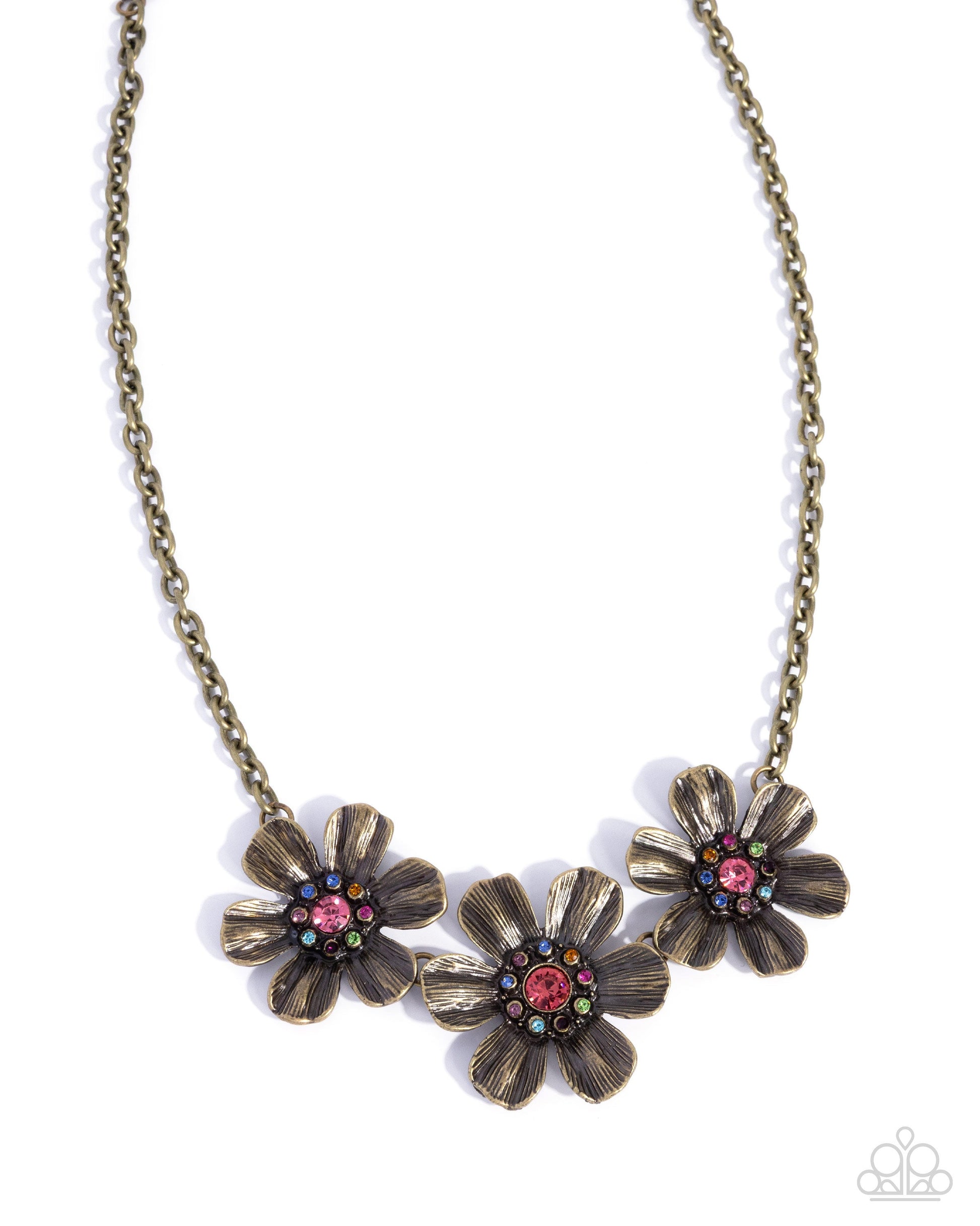 Freeing Florals - Brass Flower Multi Color Rhinestone Short Necklace