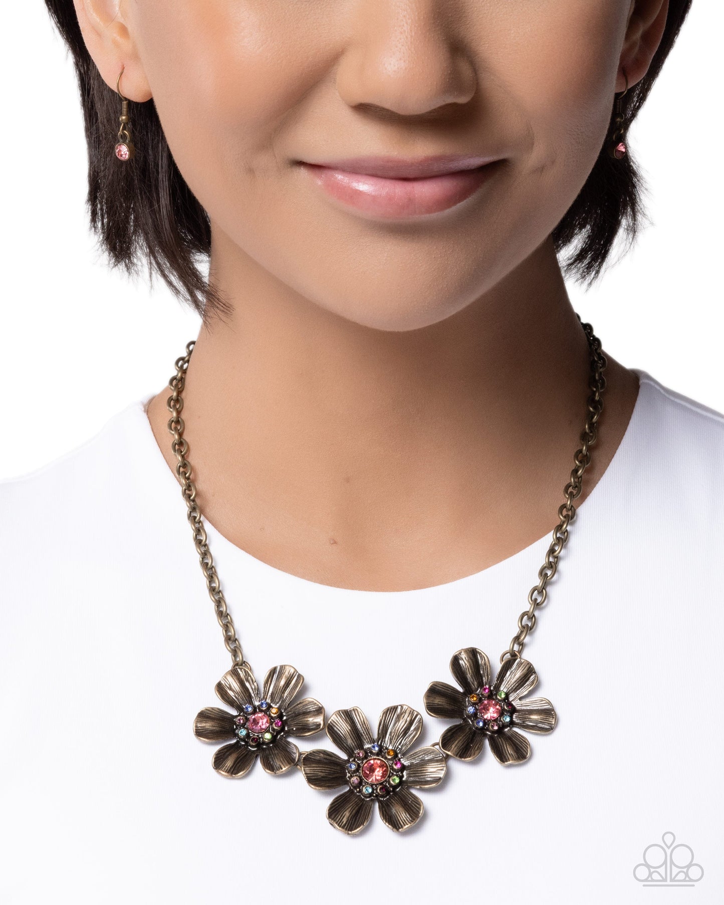 Freeing Florals - Brass Flower Multi Color Rhinestone Short Necklace