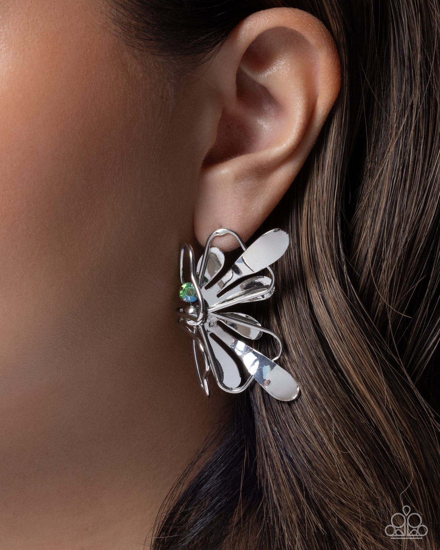 Breathtaking Bling - Multi Green UV Rhinestone Silver Butterfly Post Earrings