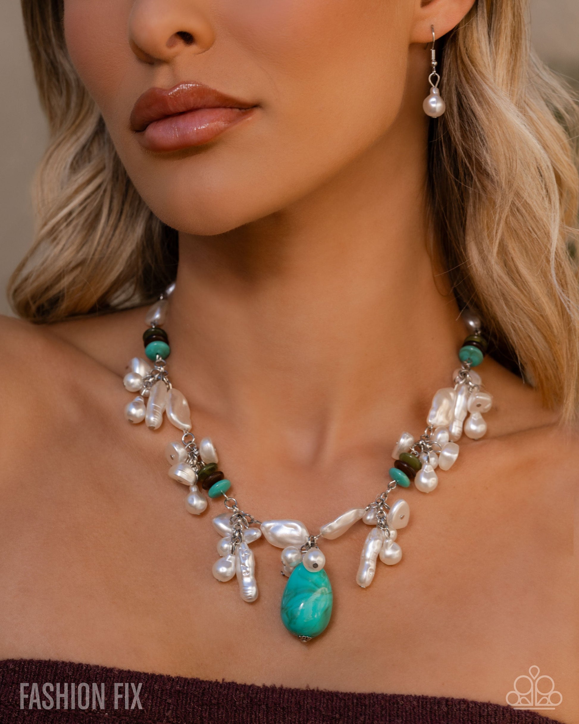 Beachy Bravado - Multi Turquoise Brown White Pearl Short Necklace