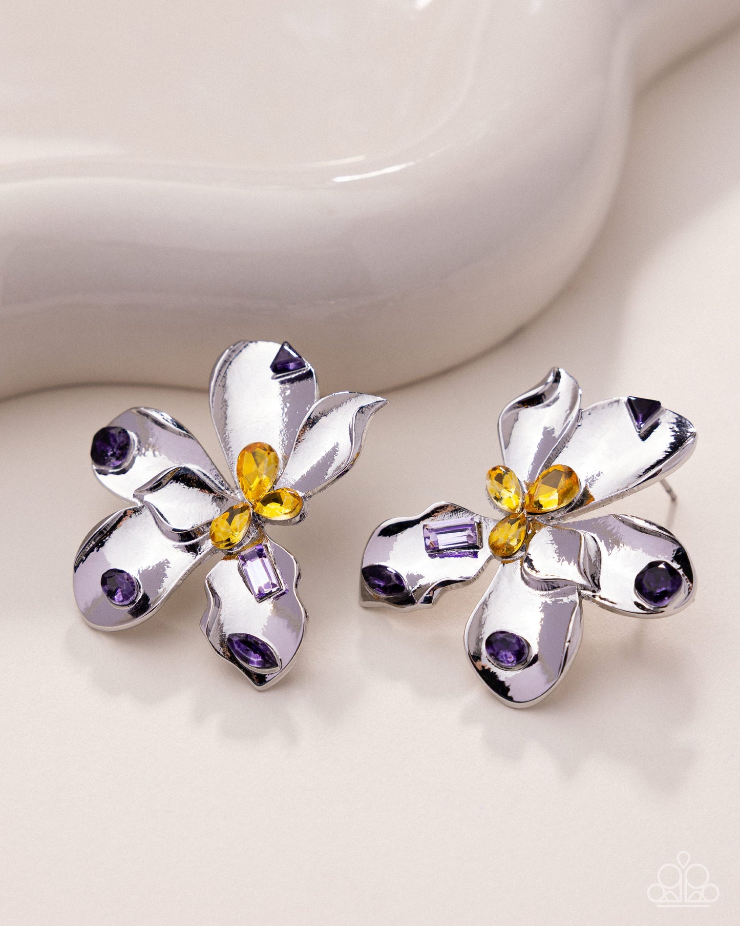 Positive Petals - Purple and Yellow Gem Silver Flower Post Earrings