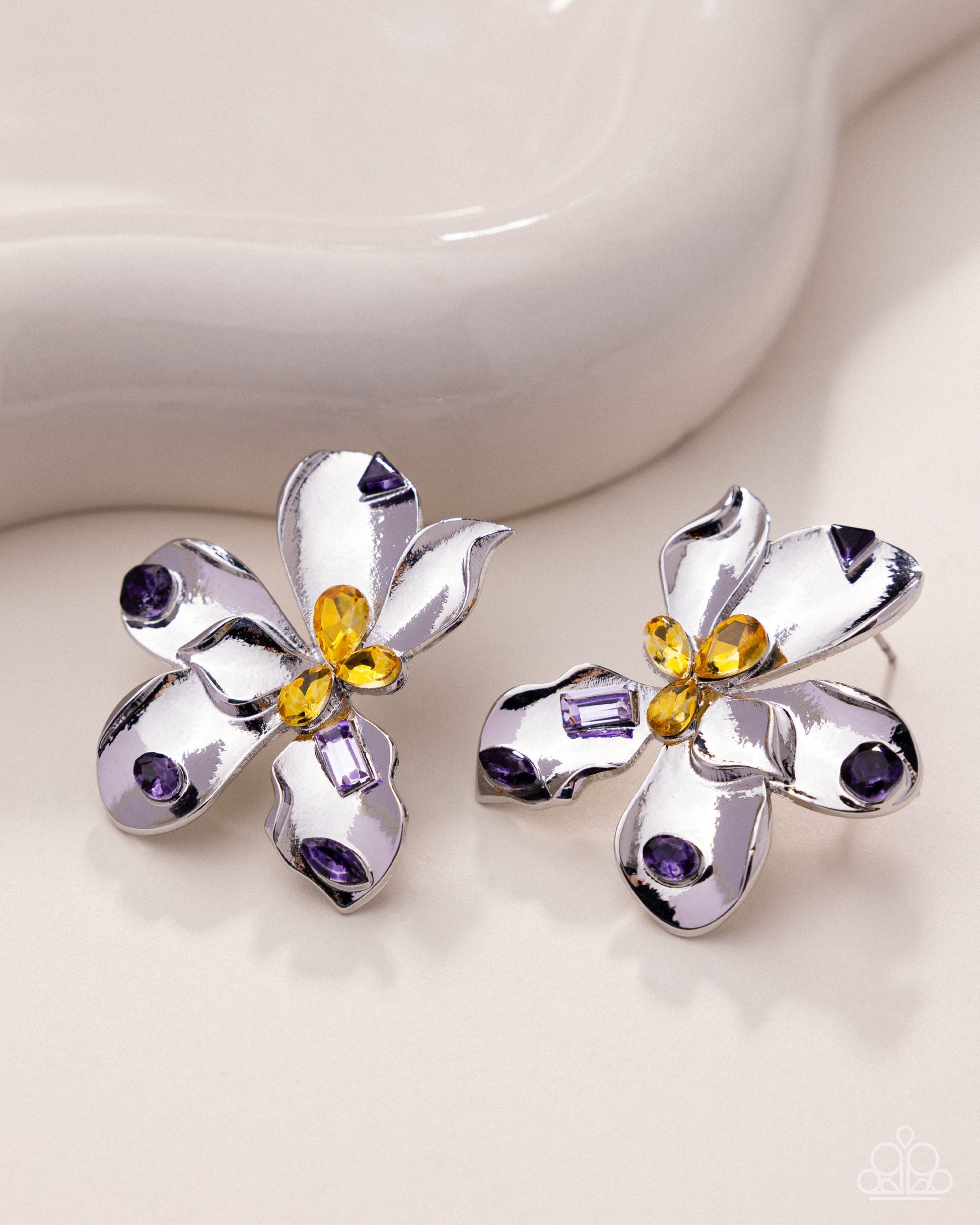 Positive Petals - Purple and Yellow Gem Silver Flower Post Earrings