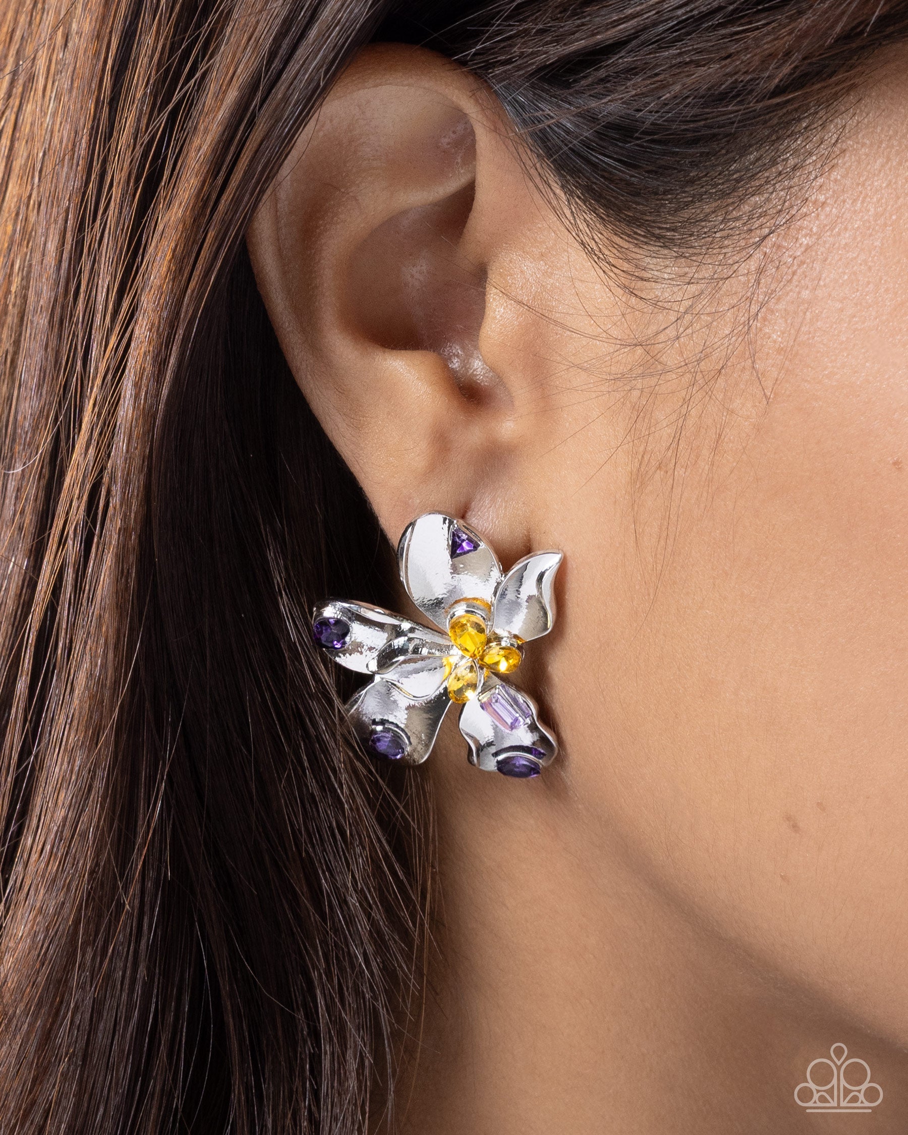 Positive Petals - Purple and Yellow Gem Silver Flower Post Earrings